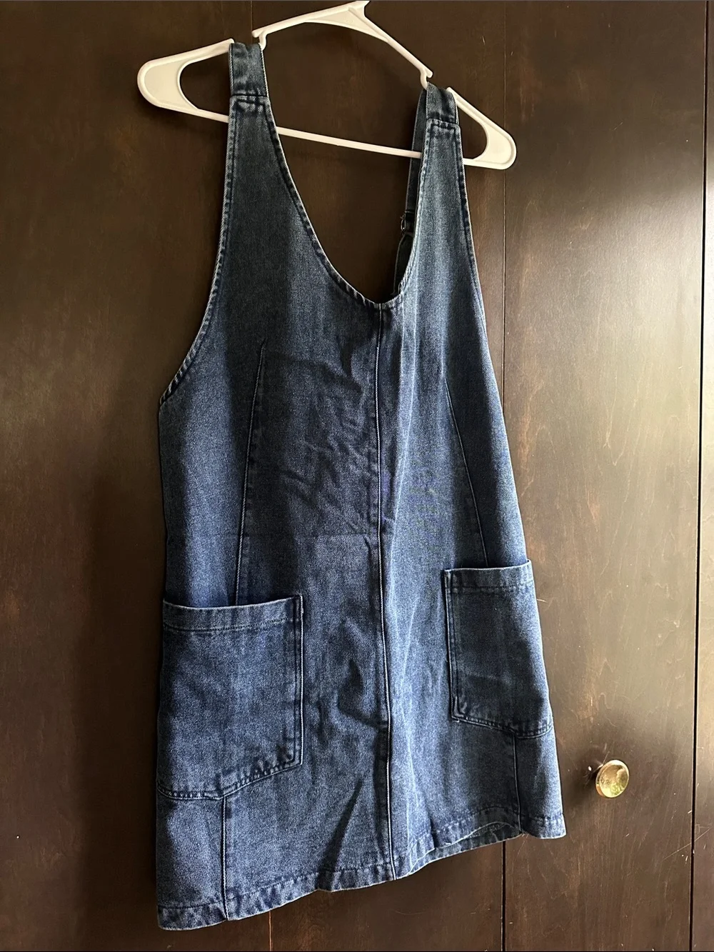 Classic Dark Denim Pinafore Dress with Front Patch Pockets - Picture 2 of 7